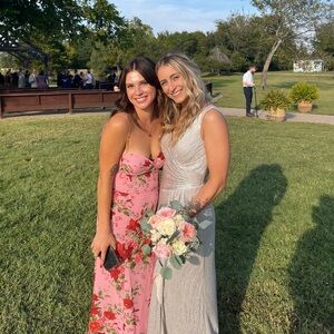 V-neck metallic sheath gown with skirt slit